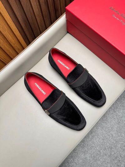 Ferragamo Black Velvet Leather Shoes-Ferragamo Man Business Leather Shoes